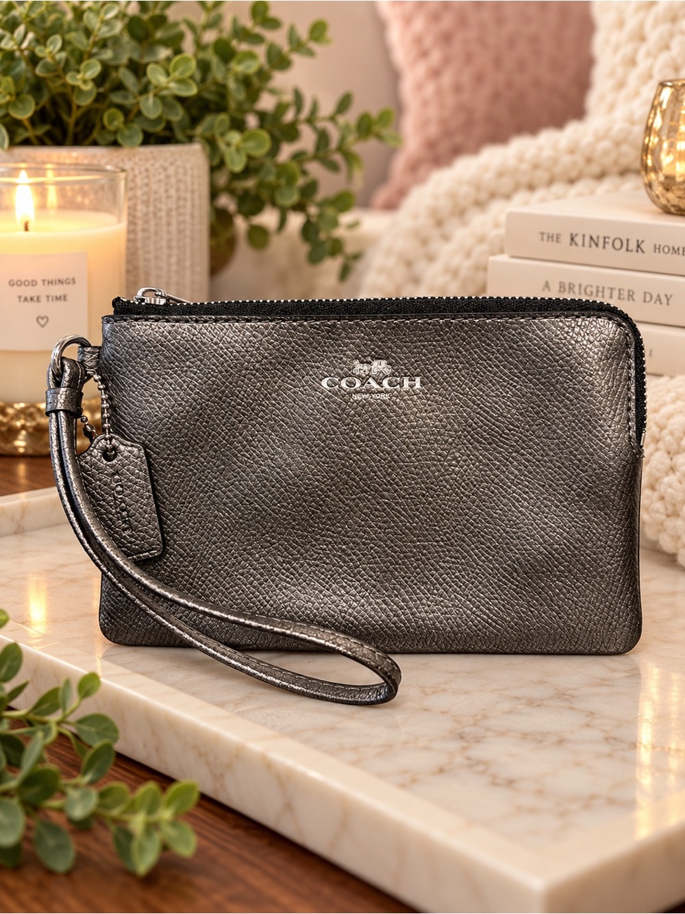 Coach Gunmetal Crossgrain Leather Corner Zip Wristlet EUC